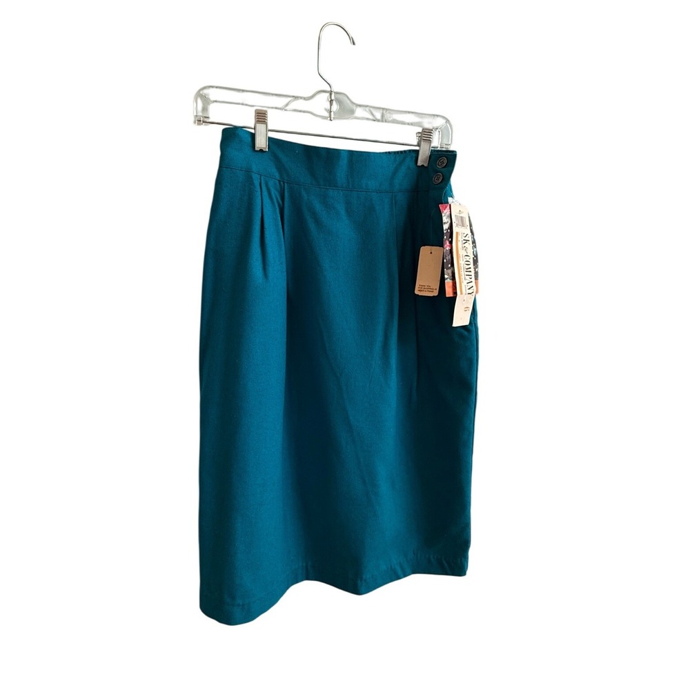 VTG 80s SK & Company Turquoise Pure Silk Pencil Skirt Pockets Size 6 Office Work - Picture 2 of 8